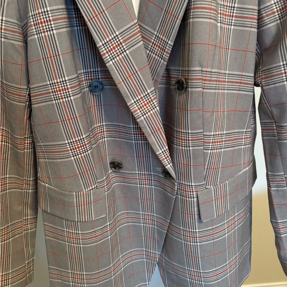 LOFT Women’s Plaid Double-Breasted Blazer - Gray with Red Accent - Picture 3 of 3